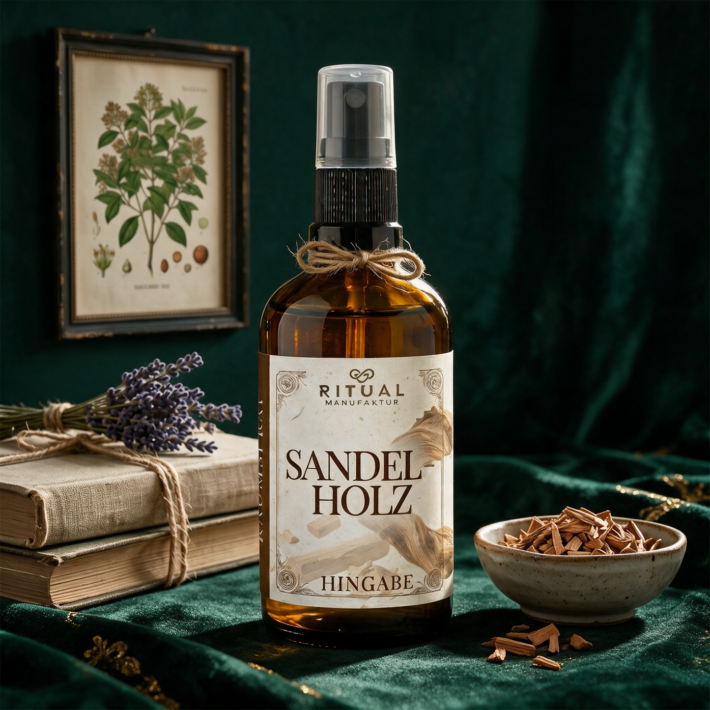 Sandelholz Spray | Rauchfreies Aura-Spray für Entspannung & Meditation – Anwendung vor tiefem Smaragdgrün