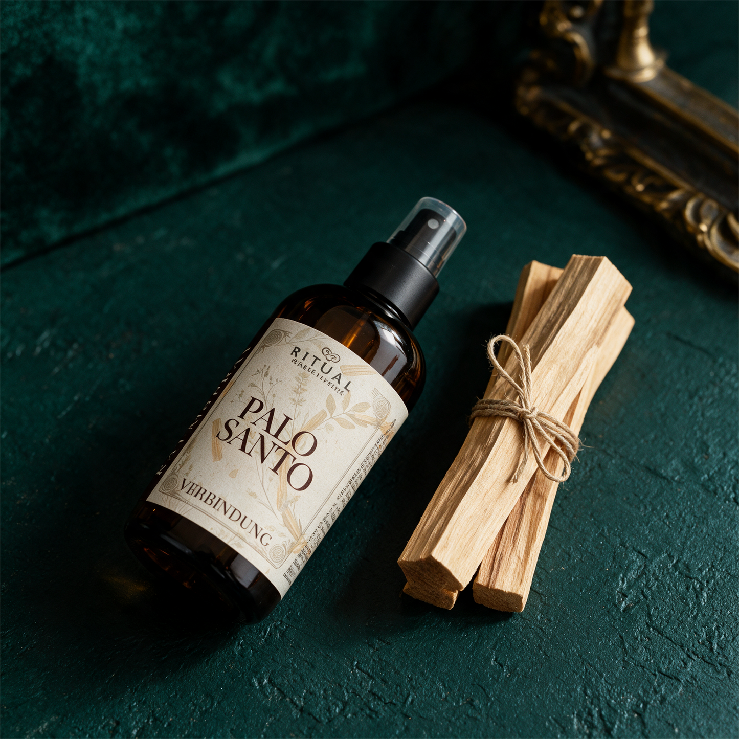 Palo Santo Spray | Rauchfreies Aura-Spray, reinigend & klärend – alternative Produktansicht vor tiefem Smaragdgrün