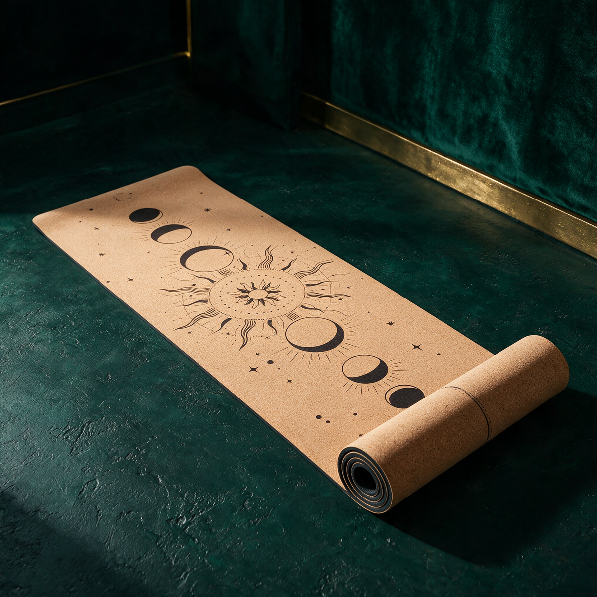 Leichte Kork-Yogamatte | Kork & TPE, 183 × 61 cm, nur 900 g – Anwendung vor tiefem Smaragdgrün