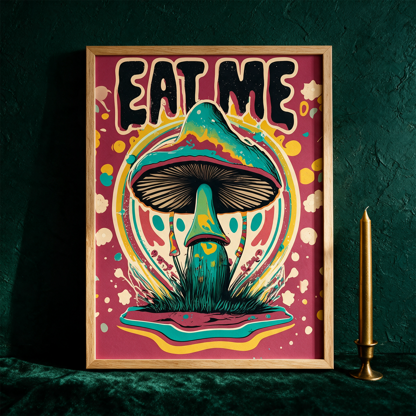 Eat Me - A Colorful Mushroom With Text Art Print – Material- und Setansicht vor tiefem Smaragdgrün