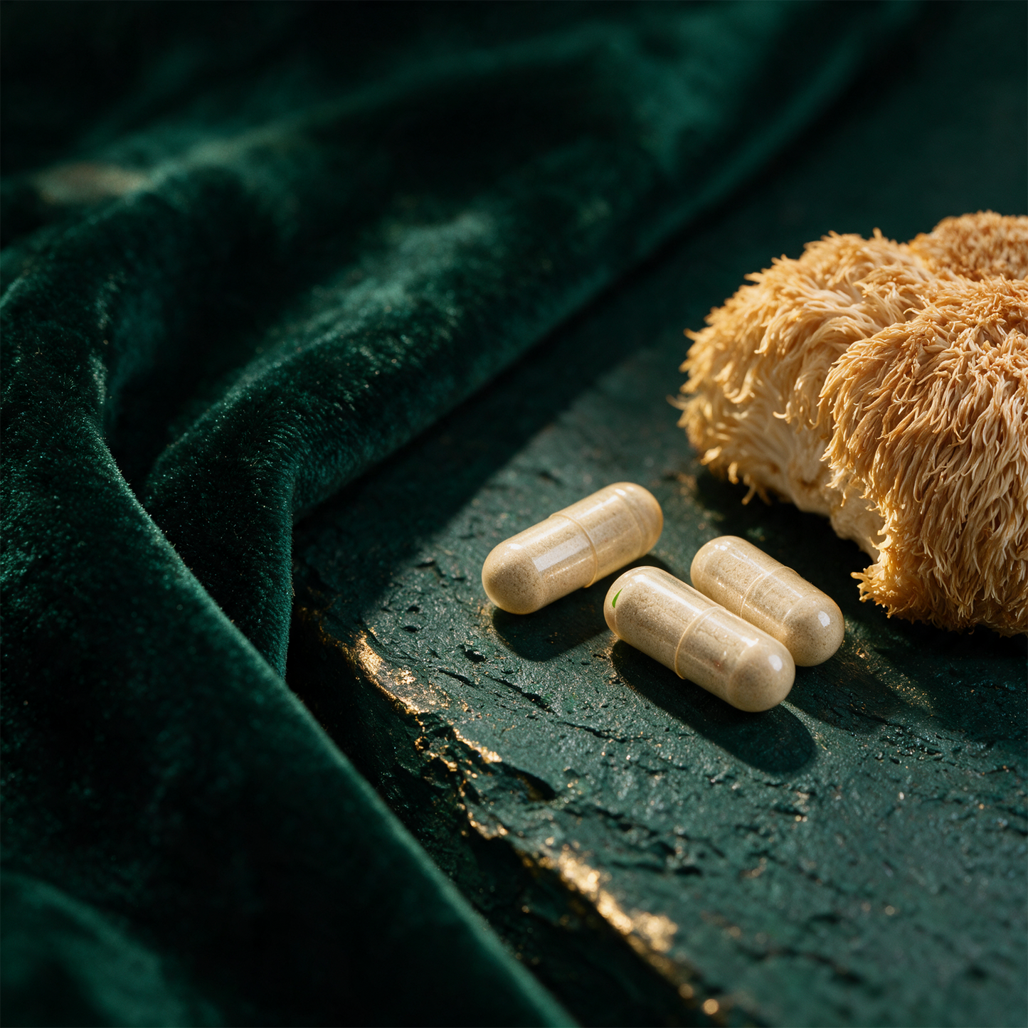 Bio Hericium Kapseln (Lion's Mane) | Vitalpilz für Fokus-Phasen – Detailansicht vor tiefem Smaragdgrün