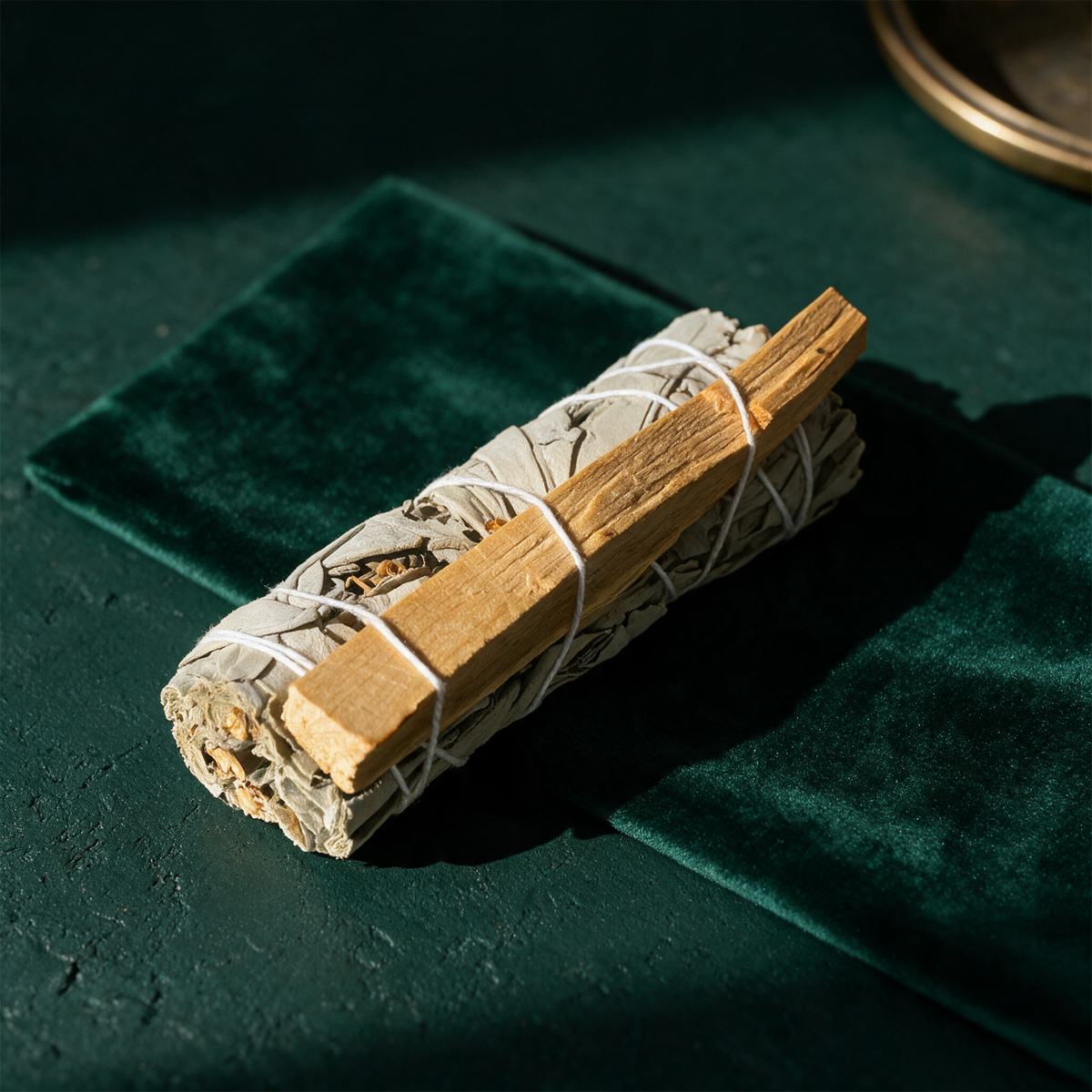 Weißer Salbei & Palo Santo Räucherbündel – Anwendung vor tiefem Smaragdgrün