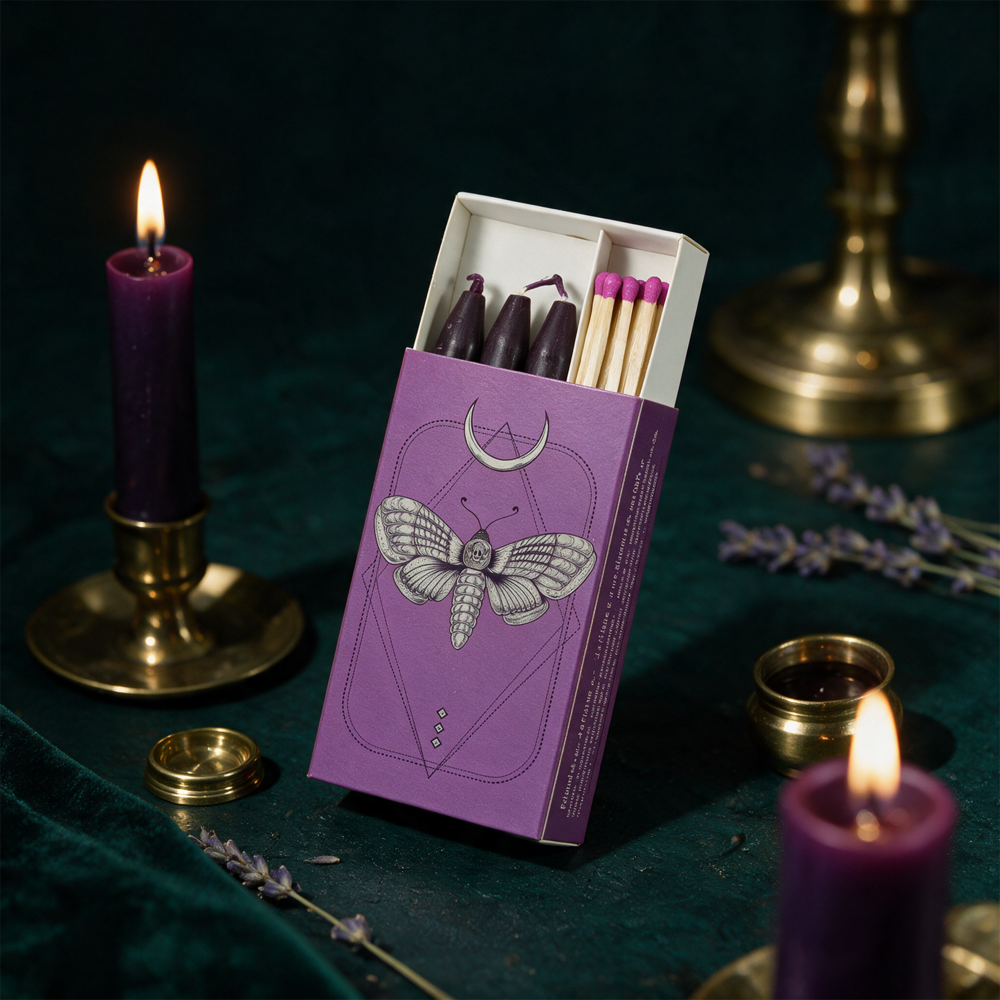 Ritual-Set „La Falena – Führerin der Nacht“ – Kerzen & lange Streichhölzer in Lila – alternative Produktansicht vor tiefem Smaragdgrün