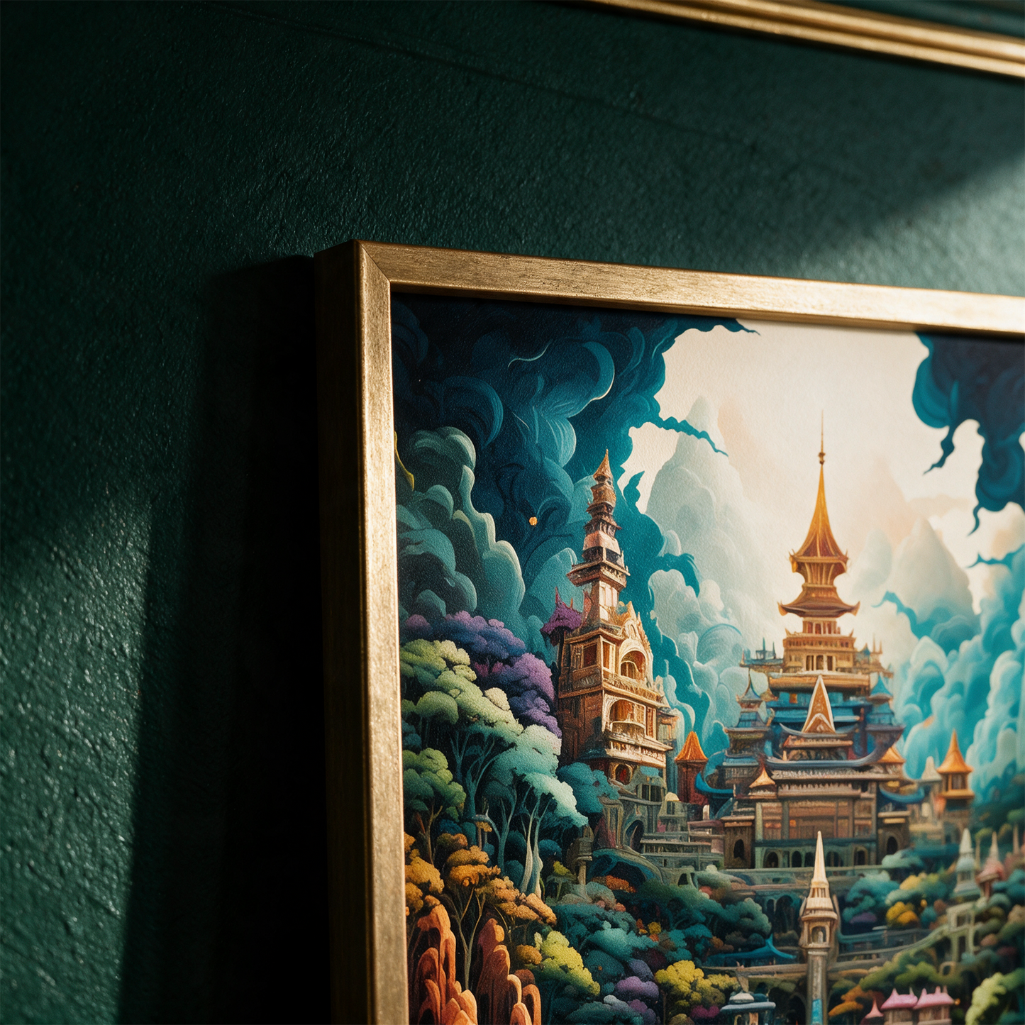 Kunstdruck Bunter Tempel im Wald | Asien-Wandkunst – Detailansicht vor tiefem Smaragdgrün