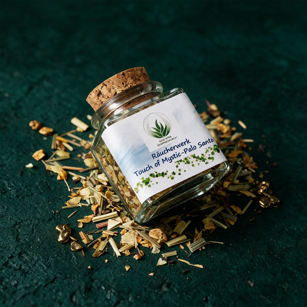Räucherwerk "Touch of Mystic" Glas 50 ml – Material- und Setansicht vor tiefem Smaragdgrün
