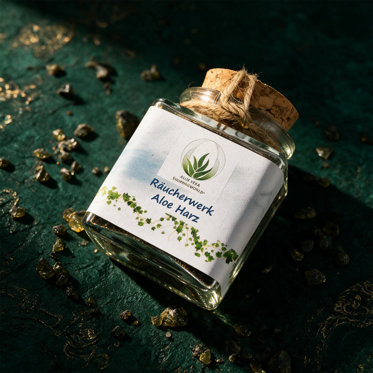 Räucherwerk "Aloe Harz" Glas 50 ml – Material- und Setansicht vor tiefem Smaragdgrün