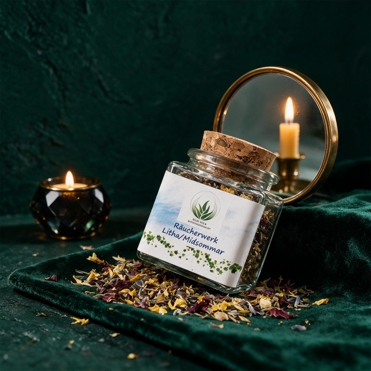Räucherwerk "Litha/Midsommar" Glas 50 ml – Anwendung vor tiefem Smaragdgrün