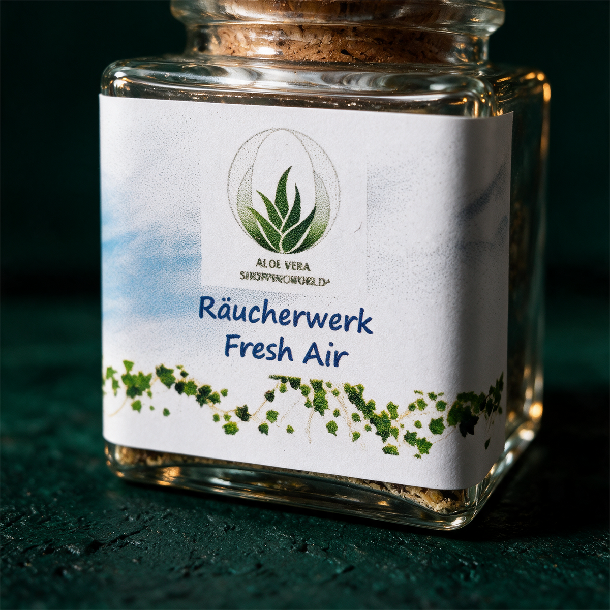 Räucherwerk "Fresh Air" Glas 50 ml – Detailansicht vor tiefem Smaragdgrün
