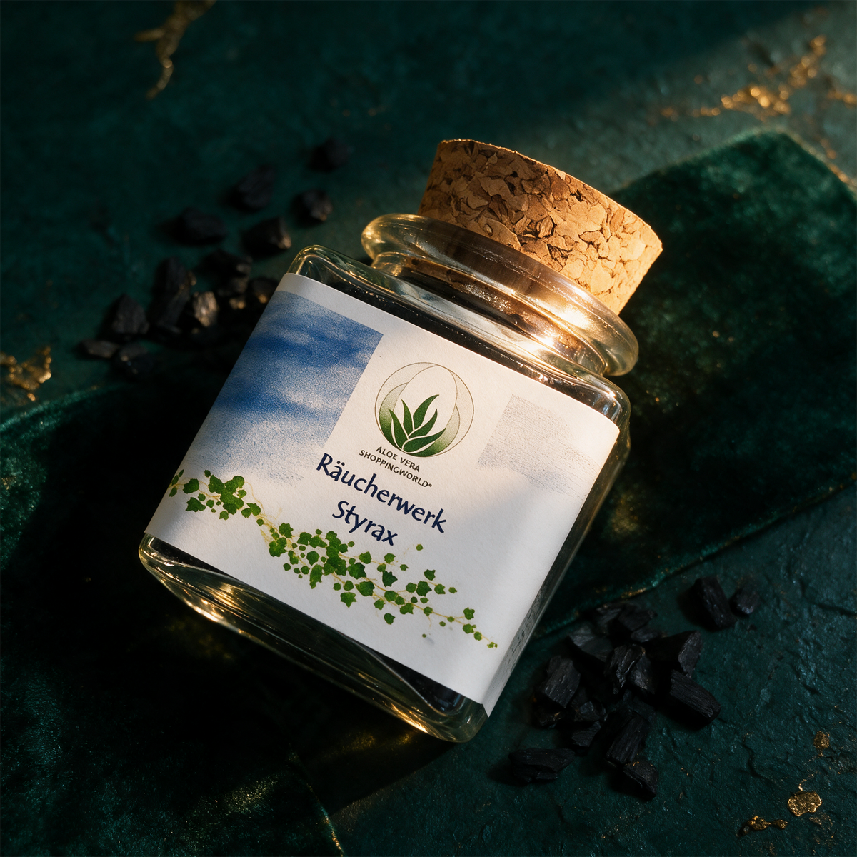 Räucherwerk "Styrax" Glas 50 ml – Material- und Setansicht vor tiefem Smaragdgrün