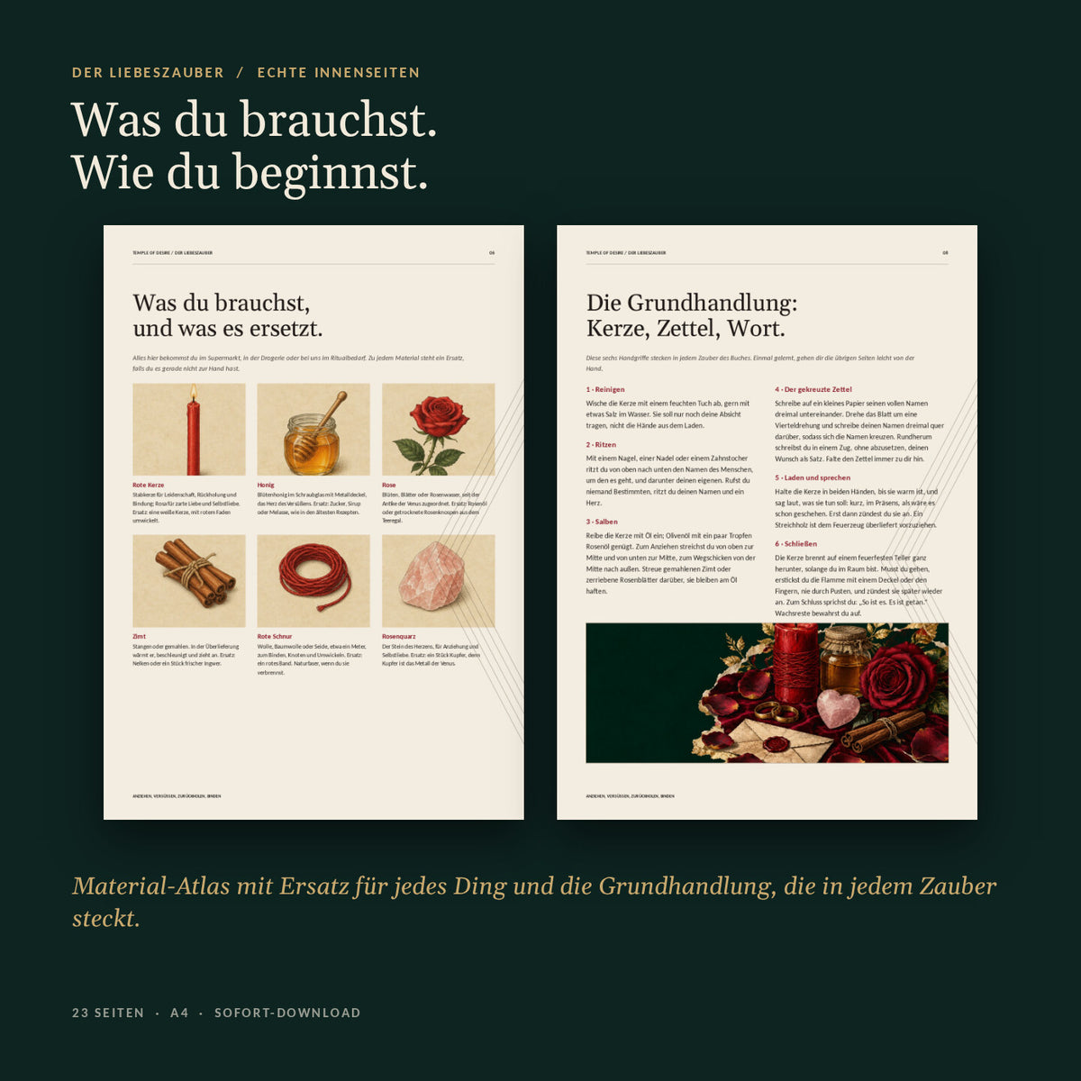 Echte Innenseiten: Material-Atlas und die Grundhandlung mit Kerze, Zettel und Wort