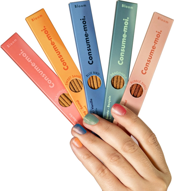 Bloom Entdeckungspaket mit 5 verschiedenen natuerlichen Raeucherstaebchen Dragonfly Bubble Shell Sweet Sand Flamingo Blue Bird.