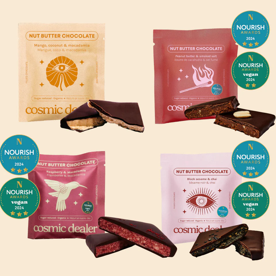 COSMIC DEALER Chakra Box mit 7 verschiedenen Nussbutter-Dunkelschokoladen.