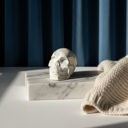 Ein 119g schwerer, handgeschnitzter Kristallschädel 'Catlan' aus weißem Magnesit mit grauen, marmorartigen Adern.