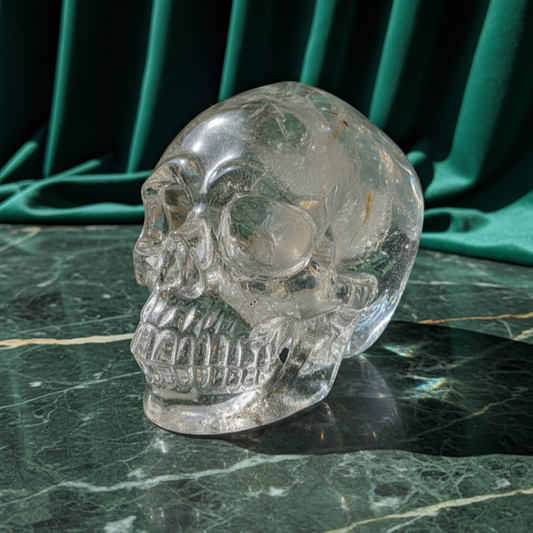 Ein 1376g schwerer, klarer Bergkristall-Schädel 'Der Siegel-Meister' mit einem eingravierten Hexagramm (Siegel Salomons) an seiner Basis.