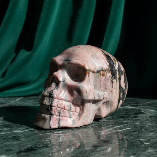 Ein 268g schwerer Kristallschädel 'Der emotionale Heiler' aus farbintensivem Rhodonit mit dramatischen schwarzen Dendriten im Gesicht.