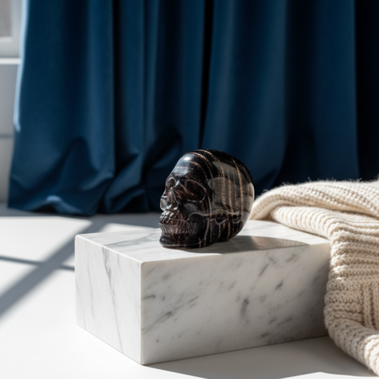 Ein 40g schwerer, synthetischer Rauchquarz-Schädel 'Der Mitternachts-Funke' mit unzähligen goldenen Partikeln, die wie Sternenstaub im Licht funkeln.