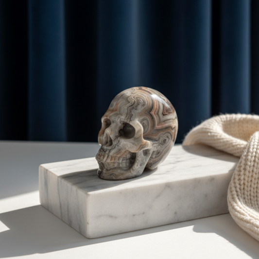 Ein 46g schwerer, handgeschnitzter Kristallschädel 'Der Gaukler der Freude' aus Crazy Lace Achat mit hypnotischen, verspielten Mustern in Rot, Grau und Weiß.