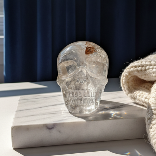 Ein 487g schwerer, klarer Bergkristall-Schädel 'Malusko' mit einem markanten, rötlich-braunen mineralischen Einschluss am Scheitel.