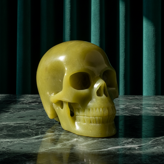 Ein 614g schwerer, handgeschnitzter Kristallschädel 'Jagrimm' aus seidig-grünem Serpentin mit schlangenähnlicher Maserung.