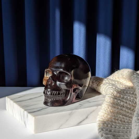 Ein 778g schwerer, handgeschnitzter Kristallschädel 'Thurgon' aus tiefviolettem und goldenem Fluorit, der im Licht geheimnisvoll leuchtet.