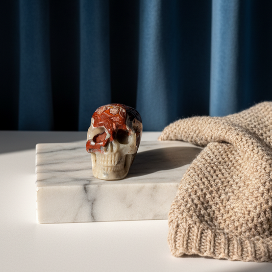 Ein 78g schwerer Kristallschädel 'Thorus' aus Crazy Lace Achat mit hypnotischen roten Mustern und einer offenen, funkelnden Druzy-Geode auf dem Scheitel.