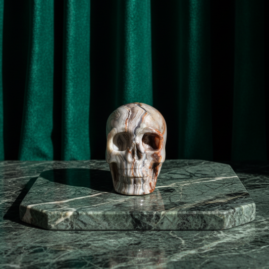 Ein 79g schwerer, handgeschnitzter Kristallschädel 'Rohesia' aus Crazy Lace Achat mit hypnotischen, verspielten Mustern.