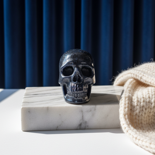 Ein 80g schwerer, handgeschnitzter Kristallschädel 'Calira' aus tiefblauem Goldfluss, der wie ein Sternenhimmel funkelt.