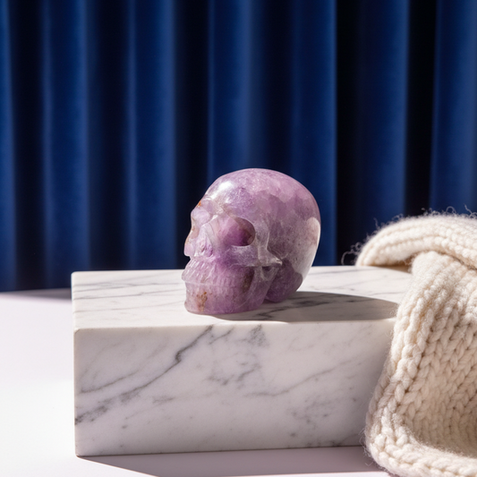 Ein 82g schwerer, handgeschnitzter Kristallschädel 'Der Seelenflüsterer' aus durchscheinendem, violettem Amethyst.