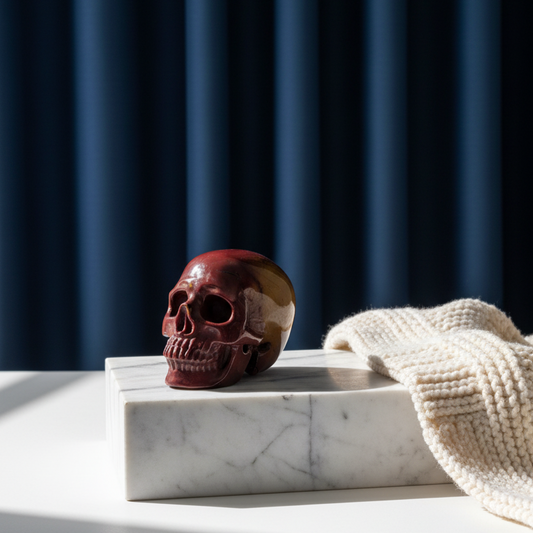 Ein 86g schwerer, handgeschnitzter Kristallschädel 'Wetzlin' aus Mookait mit einer einzigartigen Maserung in erdigen Rot- und Gelbtönen.