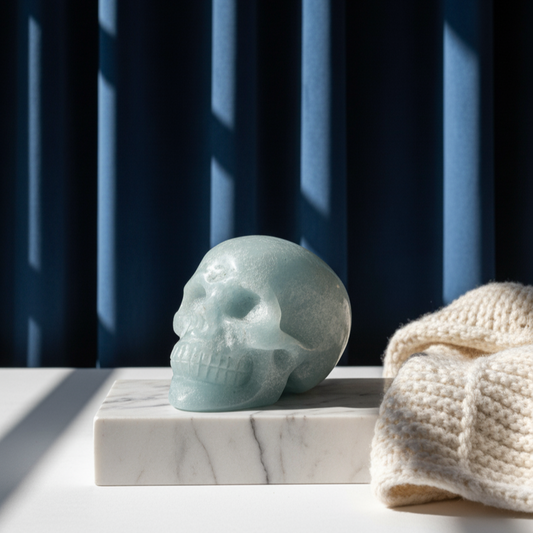 Ein 89g schwerer Kristallschädel 'Malvaren' aus hellgrünem Mikroklin mit einem einzigartigen, teils rohen und teils polierten Finish.