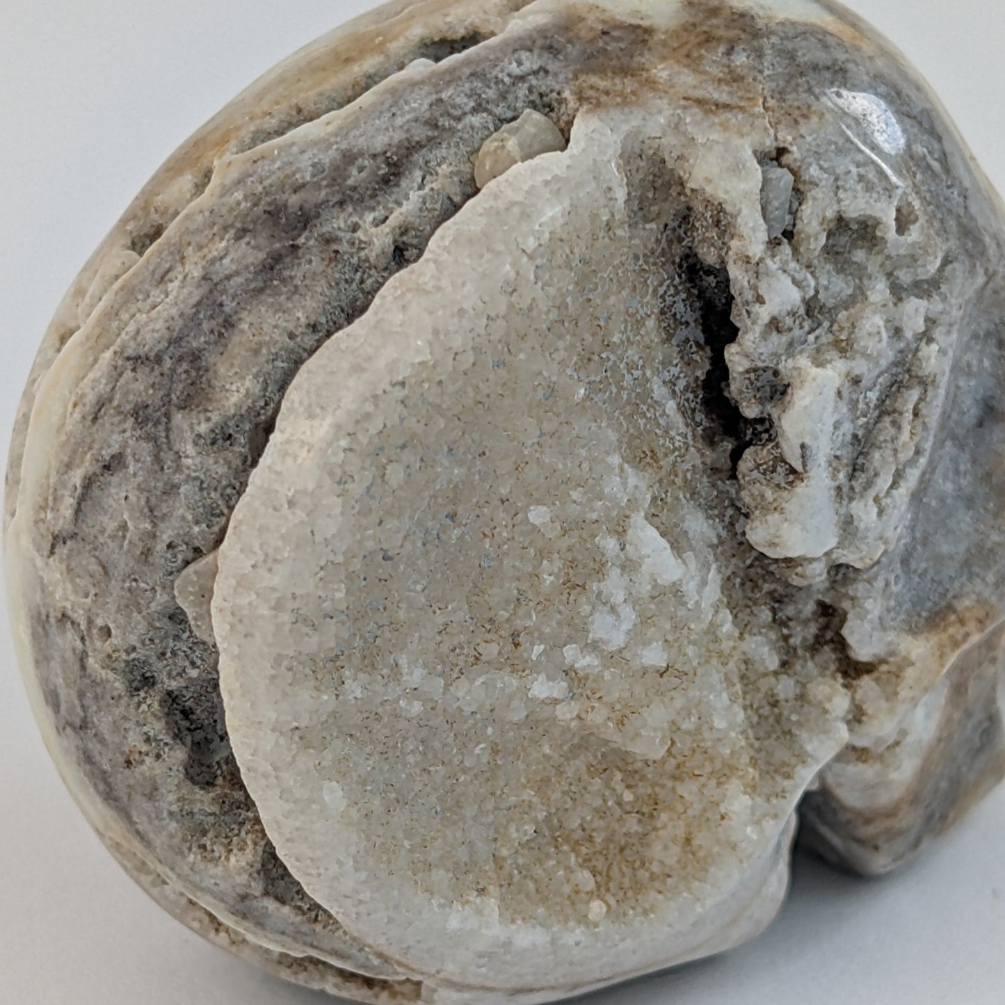 Ein 90g schwerer, handgeschnitzter Kristallschädel 'Saradas' aus sanftem, cremefarbenem Mikroklin, der eine hoffnungsvolle Energie ausstrahlt.