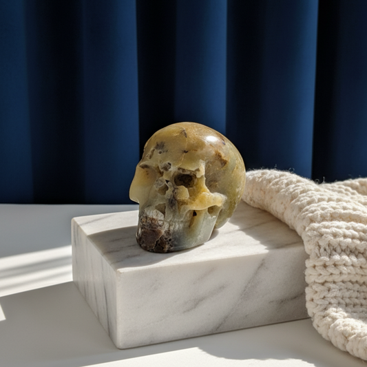 Ein 99g schwerer, handgeschnitzter Kristallschädel 'Amillo' aus sanftem, cremefarbenem Mikroklin, der eine hoffnungsvolle Energie ausstrahlt.