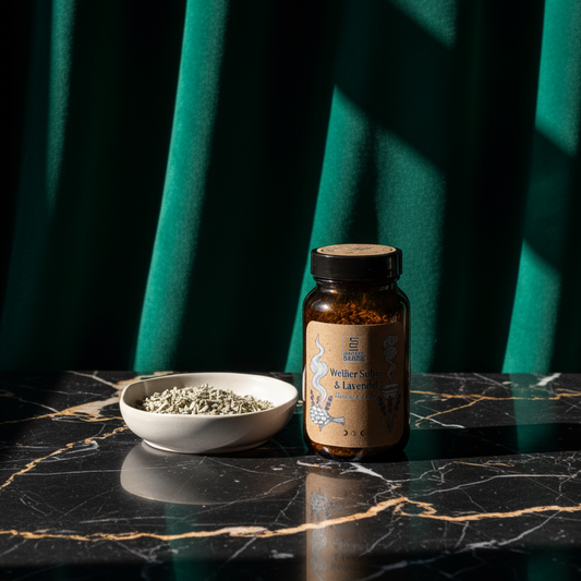 Ein Braunglastiegel der handgemachten Temple of Desire Räuchermischung "Cleanse & Calm" (Weißer Salbei & Lavendel).