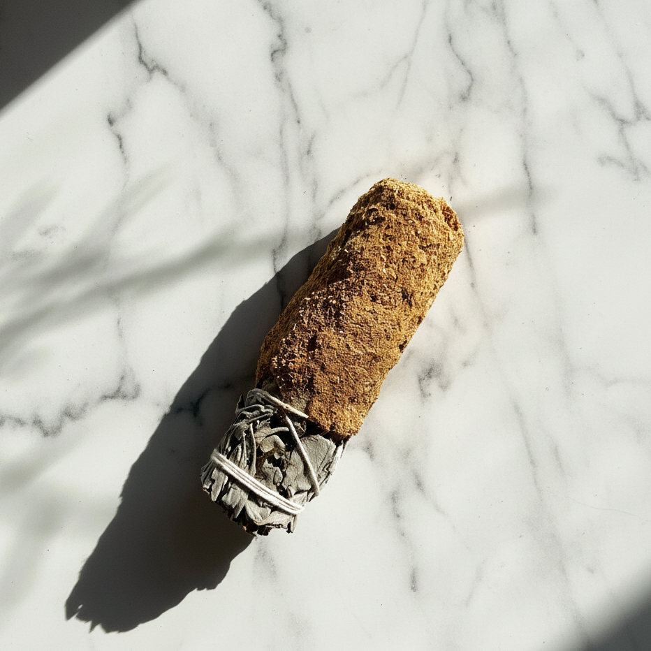 Ein handgebundenes Räucherbündel aus Kalifornischem Salbei, bestäubt mit Palo Santo Pulver.