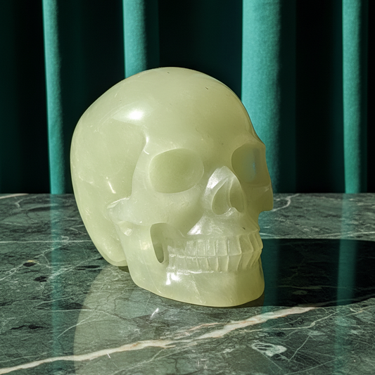 Ein monumentaler, 1132g schwerer Kristallschädel 'Kolar' aus sanftgrünem Prehnit, der eine friedvolle, visionäre Energie ausstrahlt.