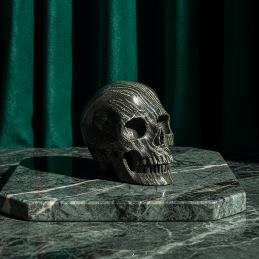 Ein monumentaler, 1204g schwerer Kristallschädel 'Scryer' aus dunkelgrünem Serpentin mit hypnotisierendem, silbrigem Schimmer.