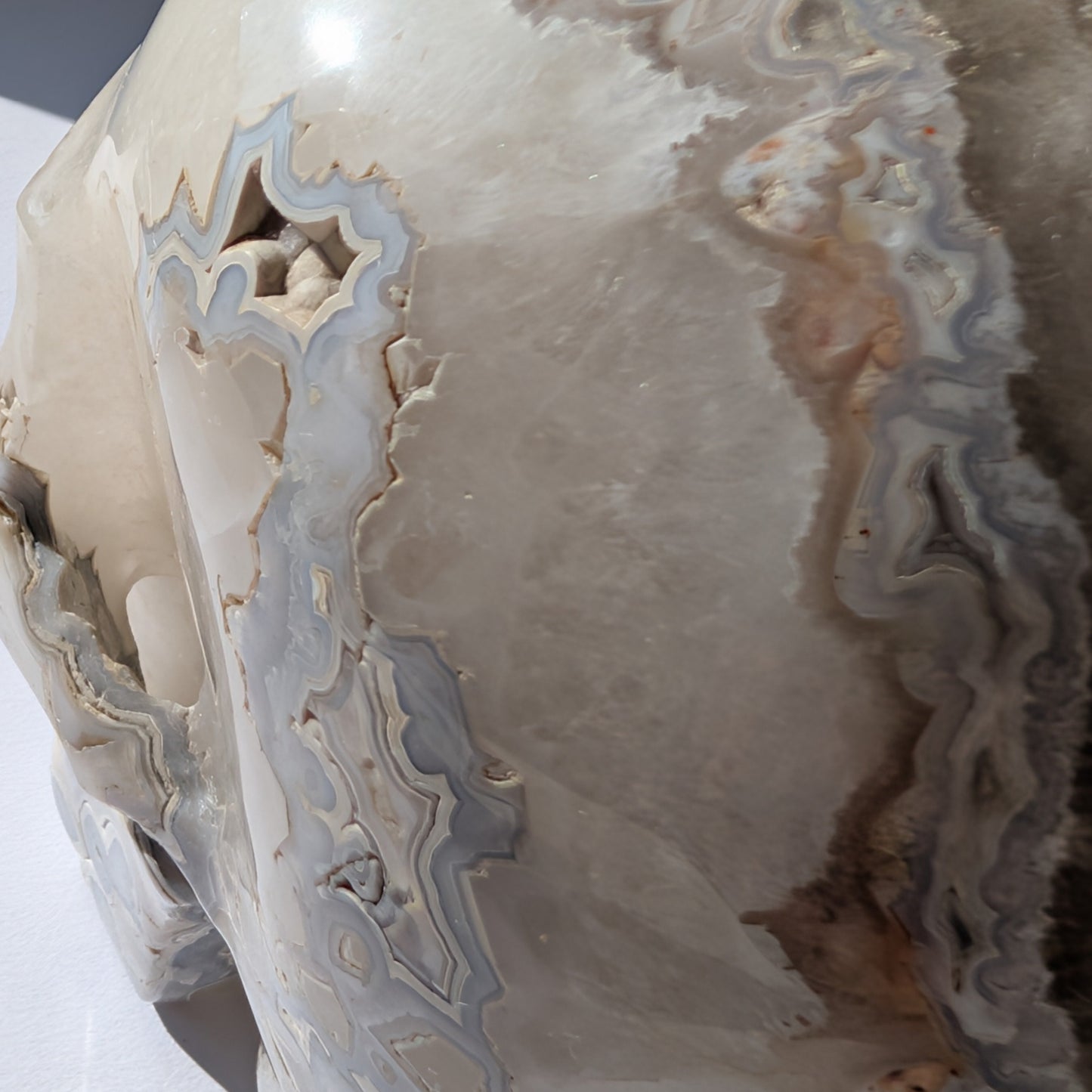 Ein monumentaler, 1292g schwerer Kristallschädel 'Der Wächter der Freude' aus Crazy Lace Achat mit hypnotischen Mustern und einer großen, offenen Druzy-Geode am Hinterkopf.