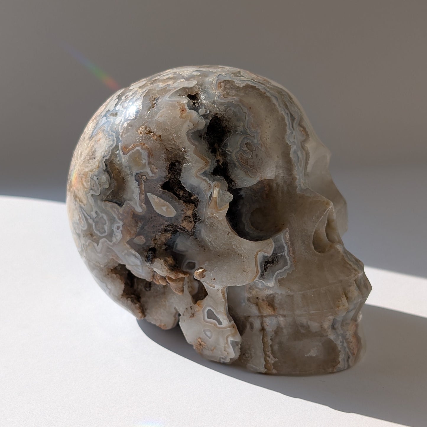 Ein monumentaler, 1292g schwerer Kristallschädel 'Der Wächter der Freude' aus Crazy Lace Achat mit hypnotischen Mustern und einer großen, offenen Druzy-Geode am Hinterkopf.