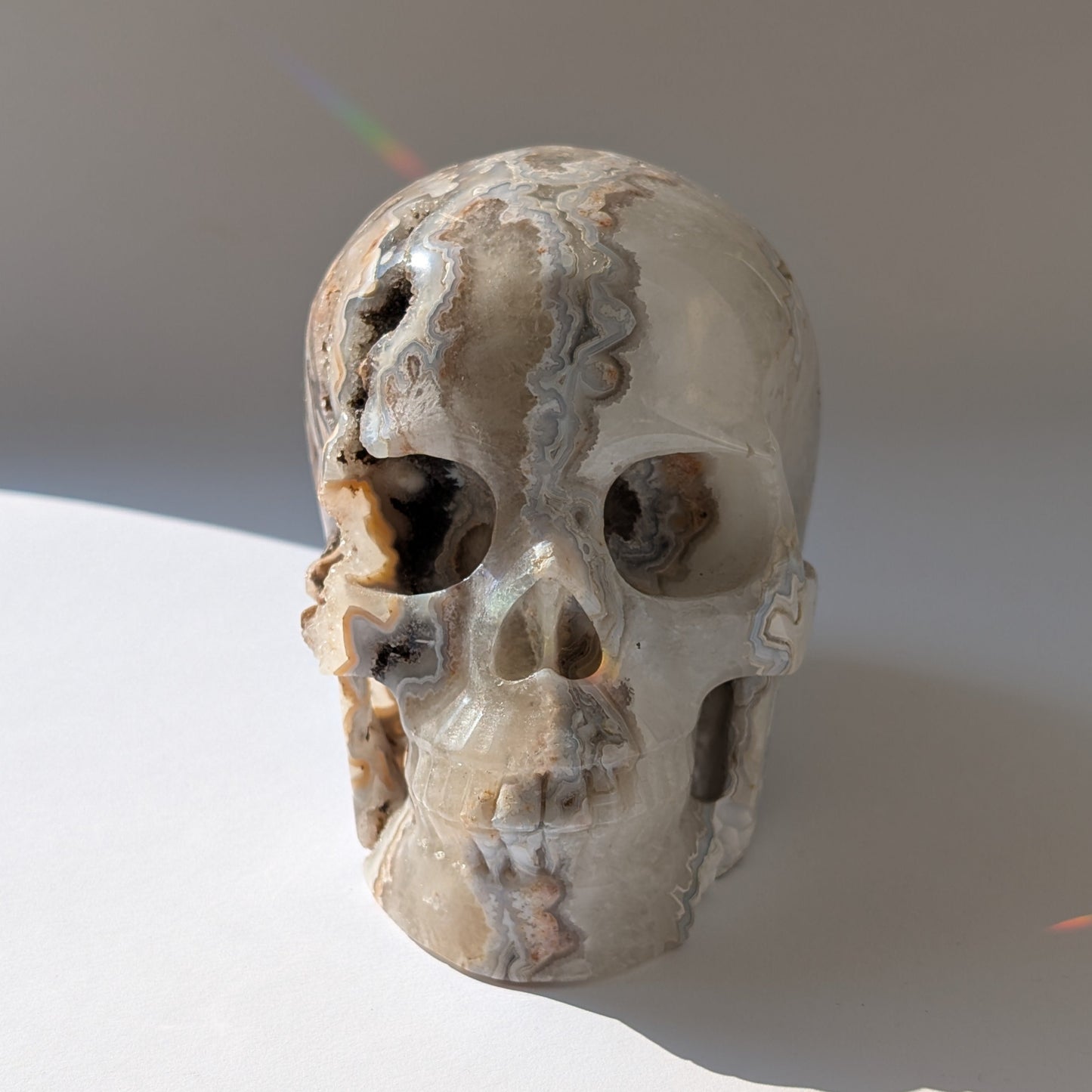Ein monumentaler, 1292g schwerer Kristallschädel 'Der Wächter der Freude' aus Crazy Lace Achat mit hypnotischen Mustern und einer großen, offenen Druzy-Geode am Hinterkopf.