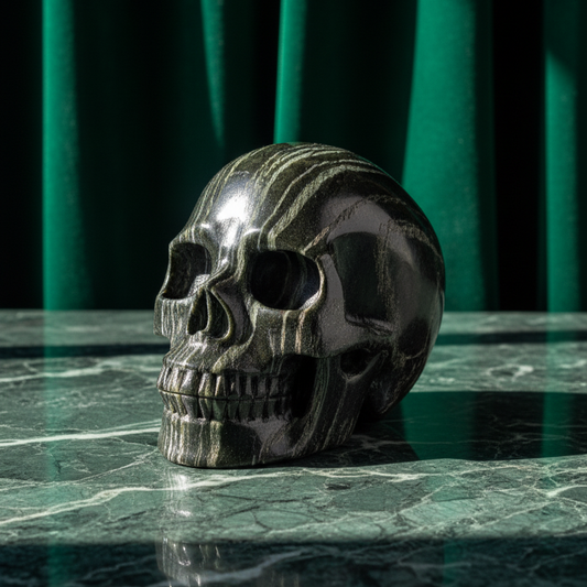 Ein monumentaler, 1346g schwerer Kristallschädel 'Der Wächter der Lebenskraft' aus Serpentin mit einem hypnotisierenden, silbrig-grünen Schimmer.
