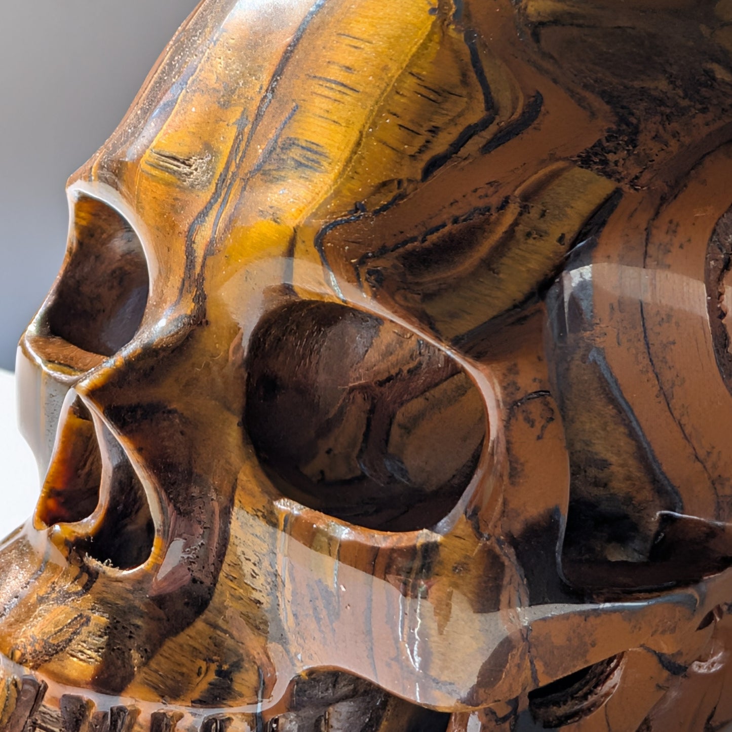 Ein monumentaler, 1480g schwerer Kristallschädel 'Thar' aus Tigerauge mit einem hypnotisierenden, goldenen Schimmer (Chatoyance).