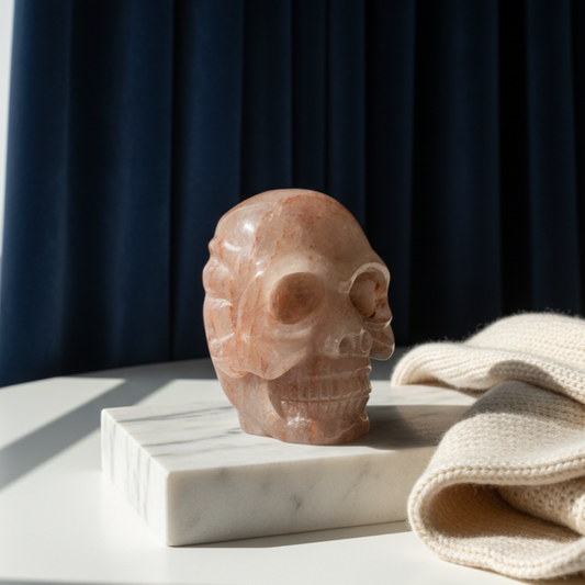 Ein monumentaler, 1525g schwerer Kristallschädel 'Zichorias' aus Erdbeerquarz mit rötlichen Einschlüssen, als Teil einer limitierten, auf Bali gefertigten Meister-Edition.