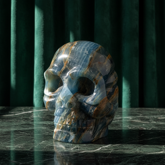 Ein monumentaler, 1654g schwerer Kristallschädel 'Istari' aus ozeanblauem Onyx mit erdigen Bändern, als Teil einer limitierten, auf Bali gefertigten Meister-Edition.
