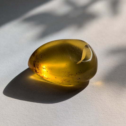 Ein polierter Bicolor-Bernstein 'Der Tropfen der Sonne' in natürlicher Freiform, der von Cognac-braun zu leuchtendem Sonnengelb übergeht.