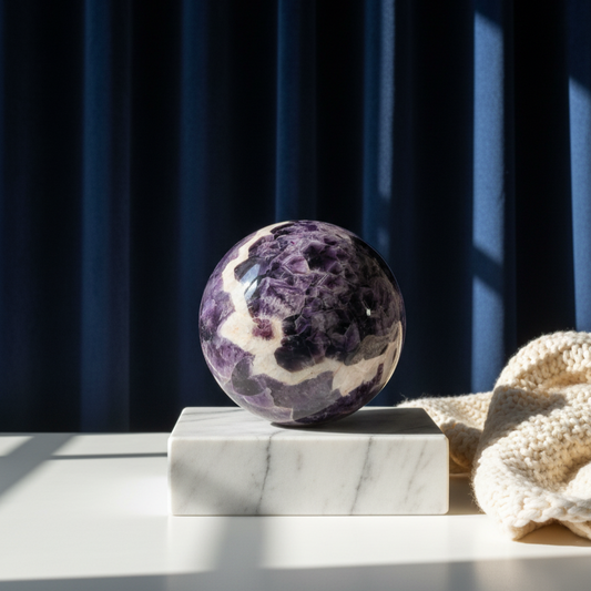 Eine 468g schwere, polierte Kugel aus Chevron Amethyst 'Das Orakel der Seele' mit markanten violetten und weißen Bändern.
