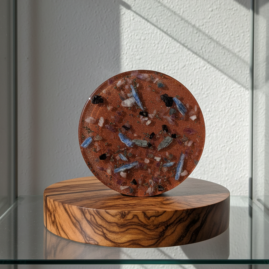 Eine große, runde Orgonit Energetisierungsplatte (17cm) 'Quelle der Kraft' mit sichtbaren Kristallen wie Kyanit und Pyrit in einer rötlichen Matrix.