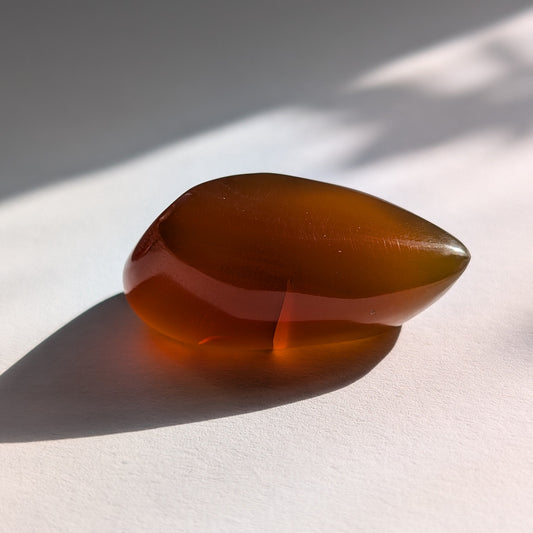 Eleganter, von Natur aus tropfenförmiger Bicolor-Bernstein 'Die Träne der Sonne', der von tiefem Kirschrot zu leuchtendem Gold schimmert.