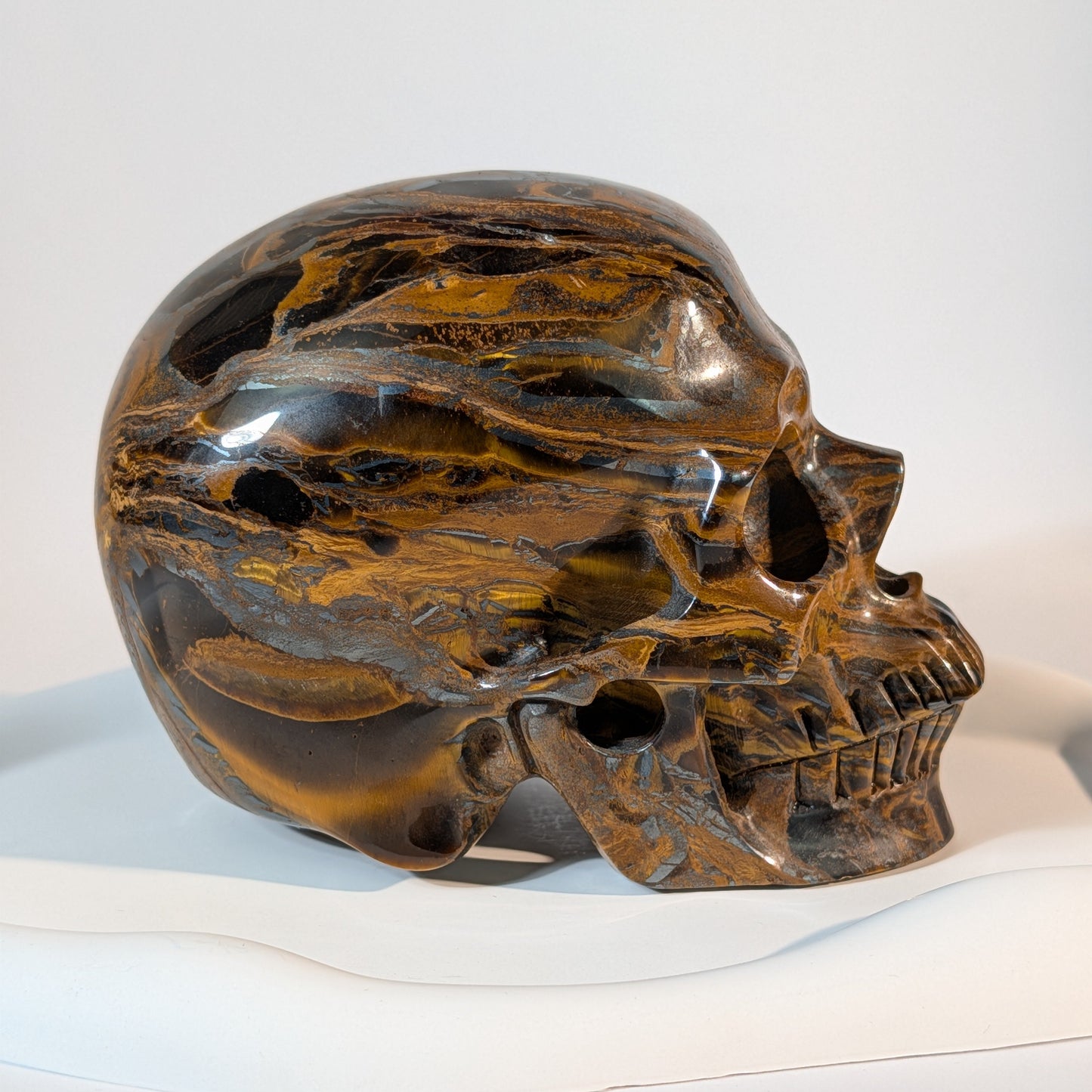 Gigantischer Kristallschädel, gezeichnet von markanten, zweifarbigen Bändern aus goldenem Tigerauge und silbrig-metallischem Hämatit.