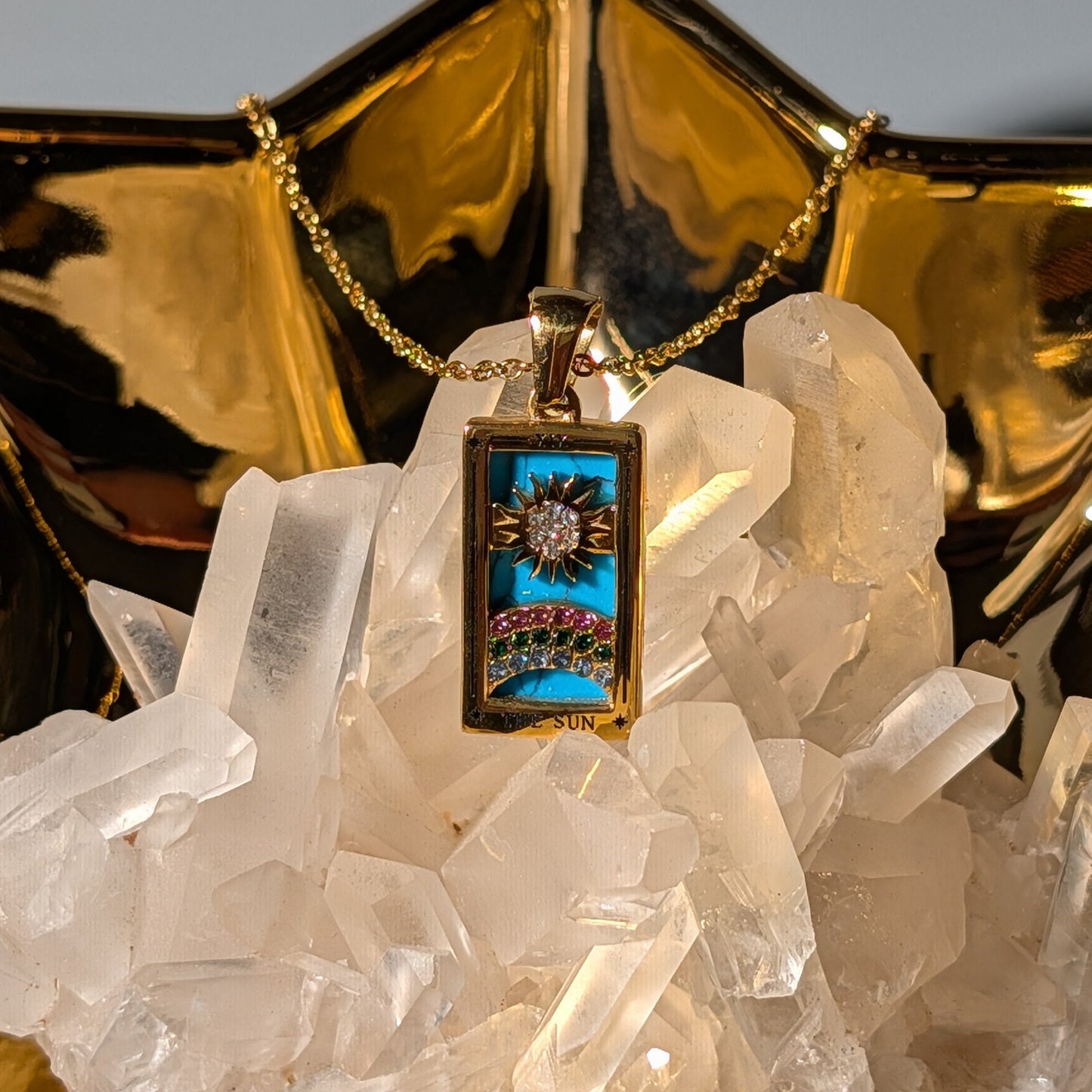 Goldener Anhänger Tarotkarte Sonne, spiritueller Schmuck wasserfest