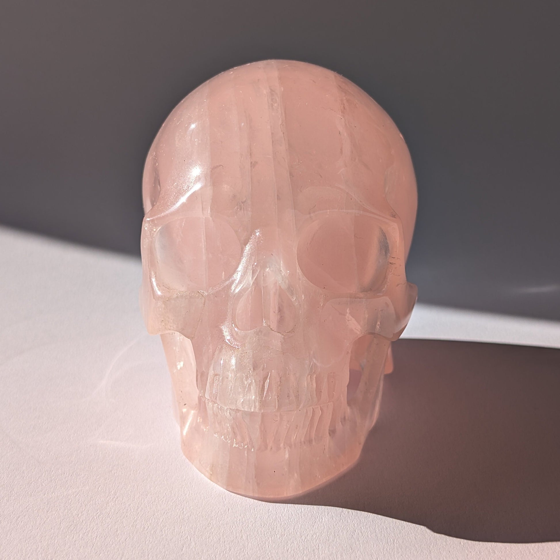 Großer Kristallschädel (1.16kg) aus sanft leuchtendem Rosenquarz im Seitenprofil.